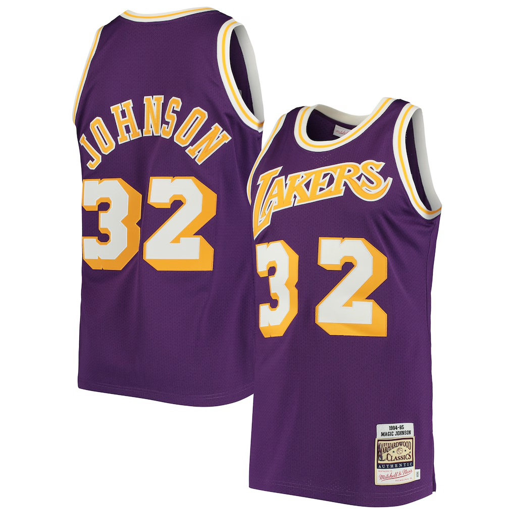 Kooe LA.Lakers #32 Magic Johnson Mitchell & Ness Purple 1984-1985 Hardwood Classics Authentic Jerseys