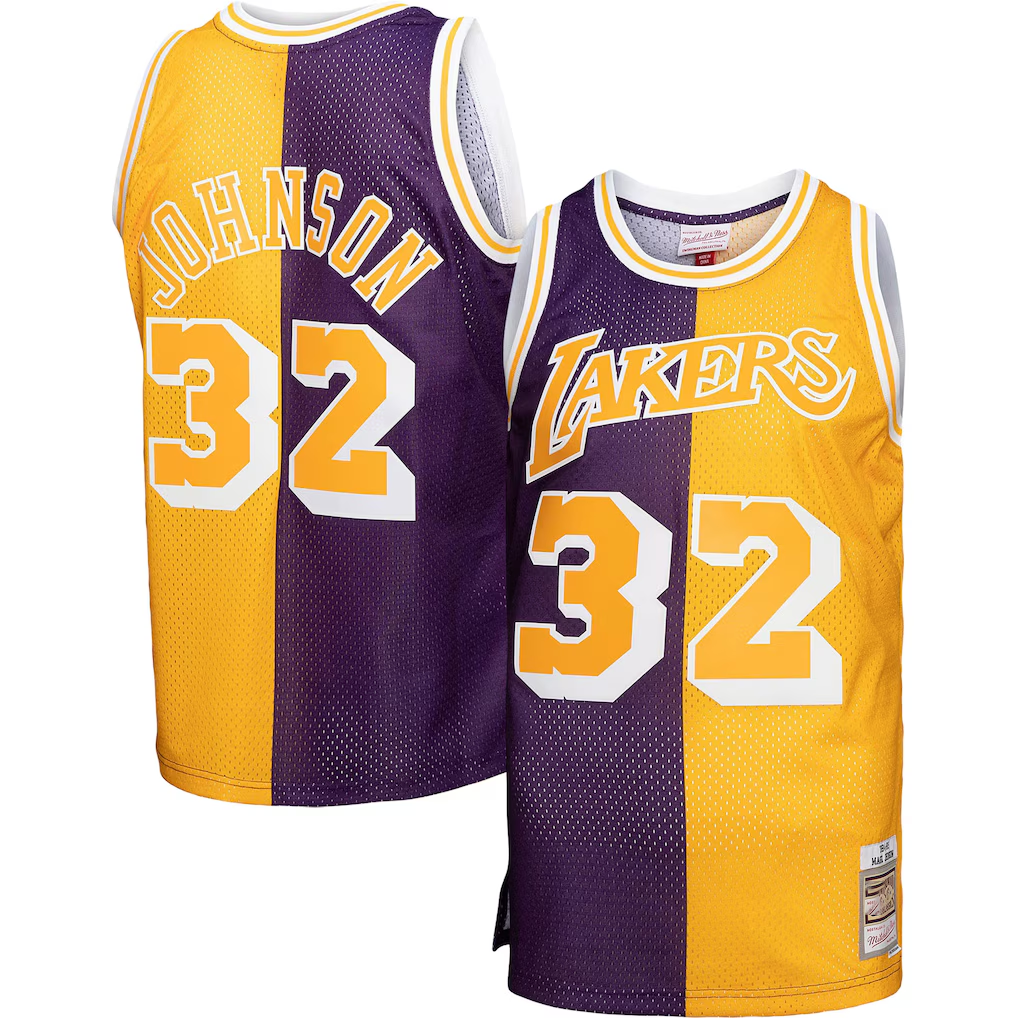 Kooe LA.Lakers #32 Magic Johnson Mitchell & Ness PurpleGold Big & Tall Hardwood Classics 198485 Split Swingman Jerseys