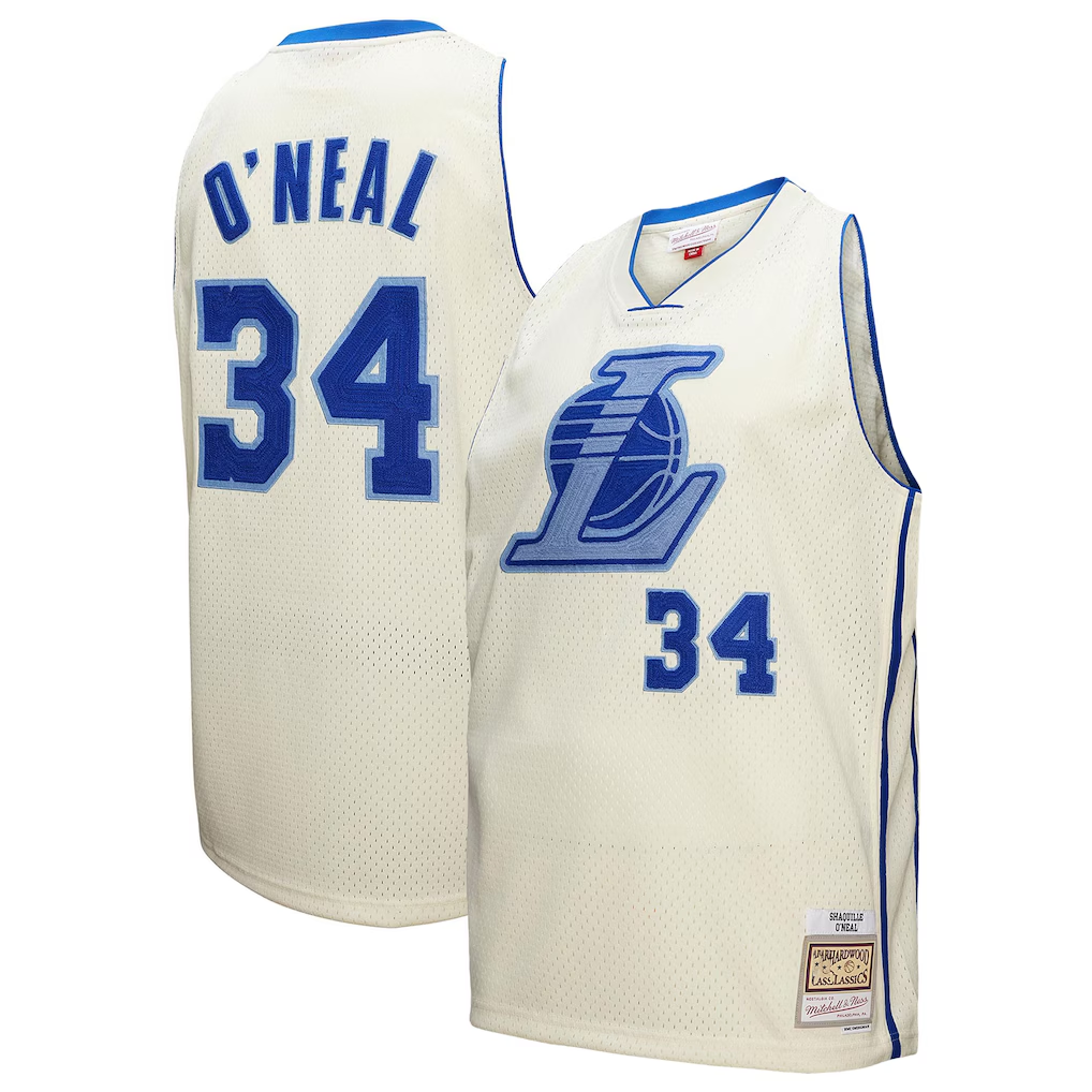 Kooe LA.Lakers #34 Shaquille O'Neal Mitchell & Ness Cream Chainstitch Swingman Jerseys