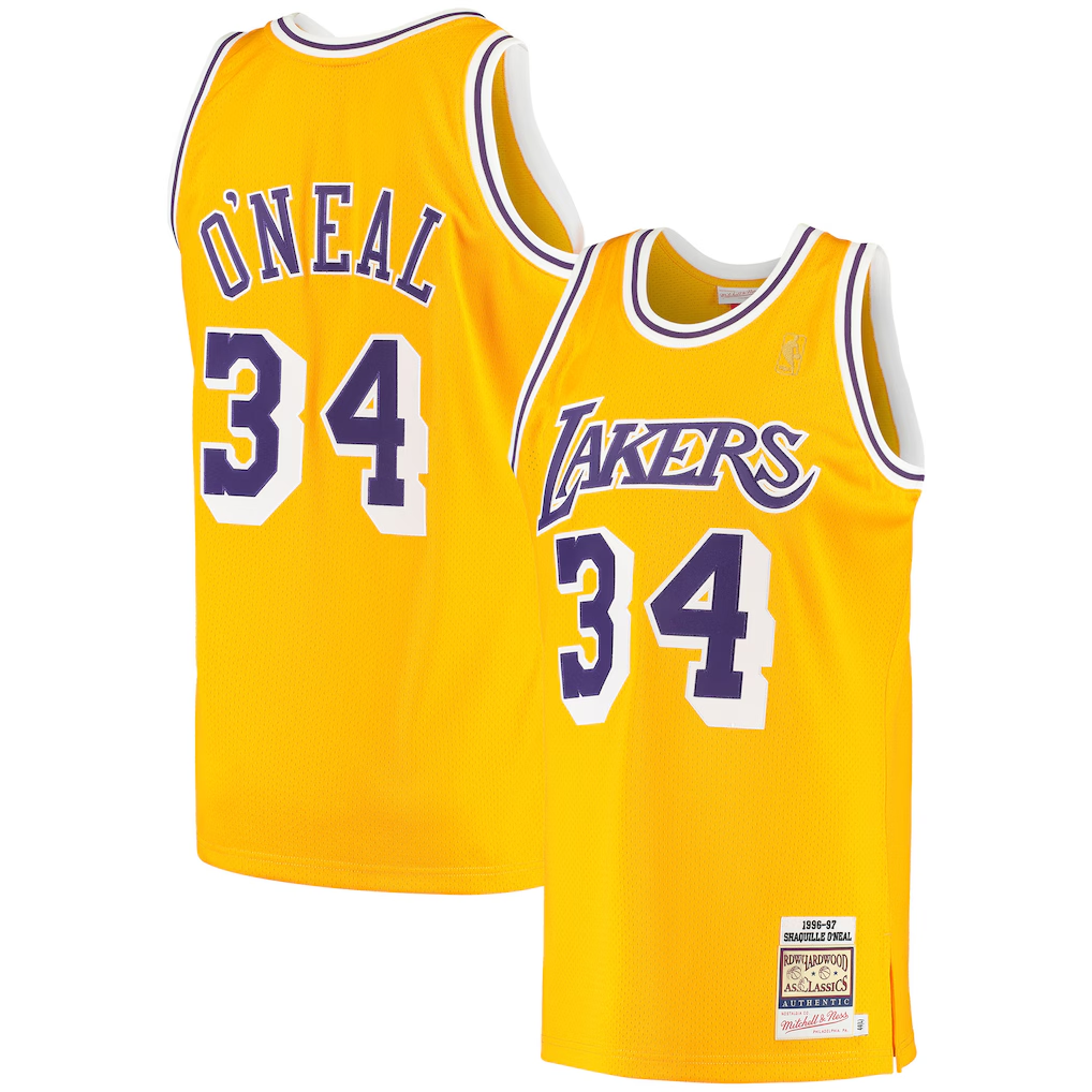 Kooe LA.Lakers #34 Shaquille O'Neal Mitchell & Ness Gold 1996-1997 Hardwood Classics Authentic Jerseys