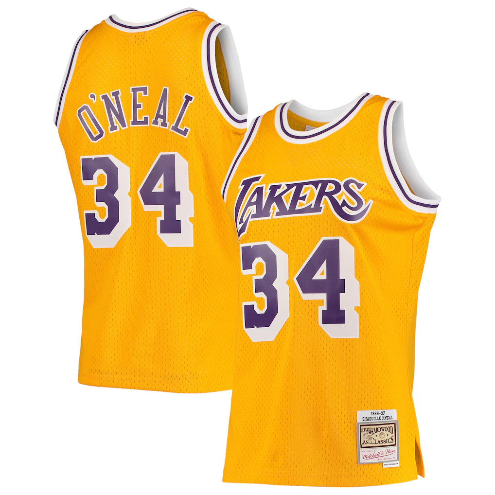 Kooe LA.Lakers #34 Shaquille O'Neal Mitchell & Ness Gold 199697 Hardwood Classics Swingman Jerseys