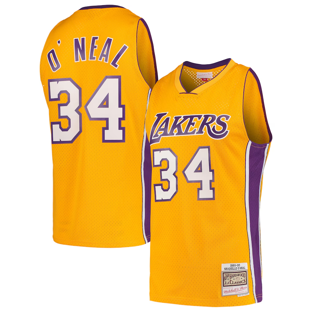 Kooe LA.Lakers #34 Shaquille O'Neal Mitchell & Ness Gold Hardwood Classics Swingman Jerseys