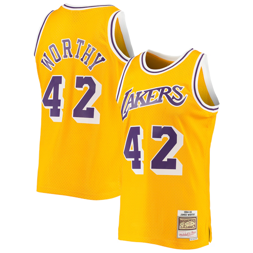 Kooe LA.Lakers #42 James Worthy Mitchell & Ness Gold 1984-1985 Hardwood Classics Swingman Stitched Jerseys