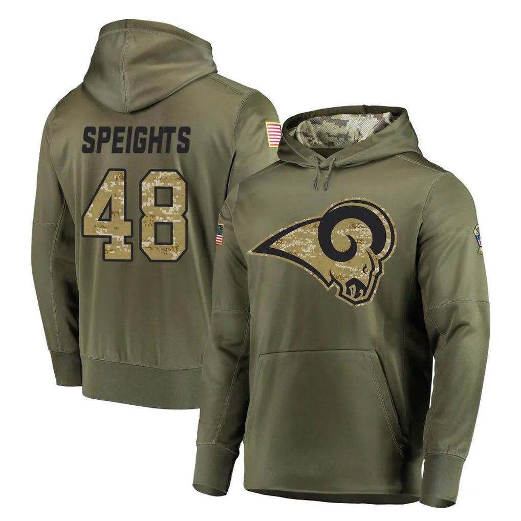 Kooe LA.Rams #48 Omar Speights Player Olive Salute to Service Pullover Hoodies Home Game Stitched Jerseys