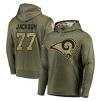 Kooe LA.Rams #77 Alaric Jackson Player Olive Salute to Service Pullover Hoodies Home Game Stitched Jerseys