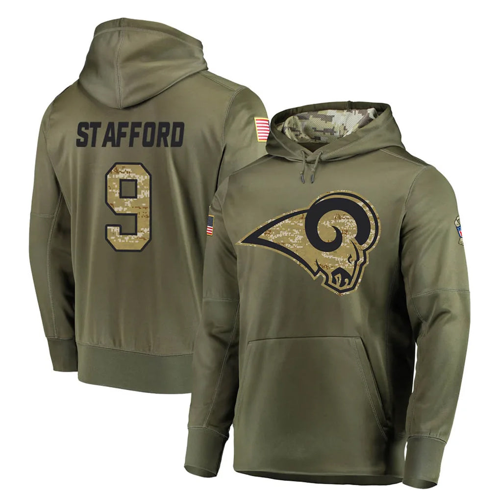 Kooe LA.Rams #9 Matthew Stafford Player Olive Salute to Service Pullover Hoodies Home Game Stitched Jerseys