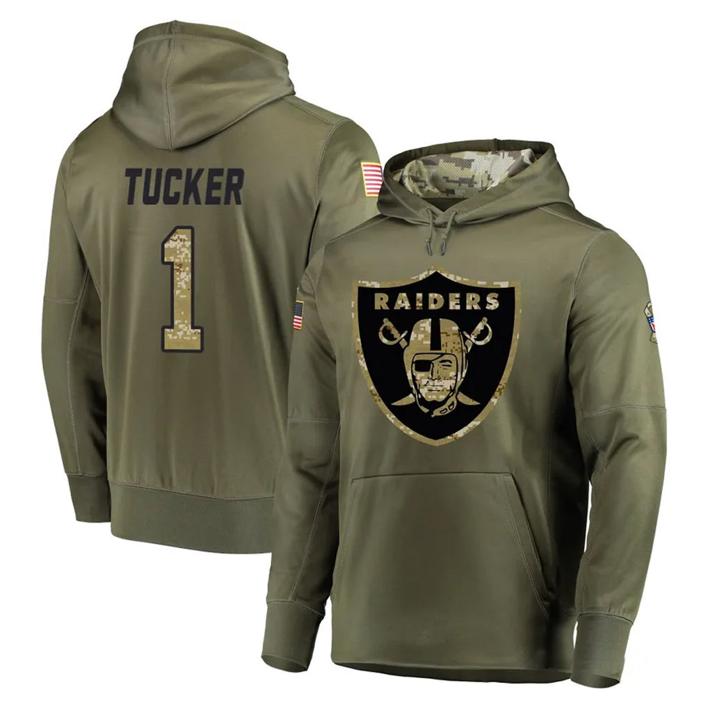 Kooe LV.Raiders #1 Tre Tucker Player Olive Salute to Service Pullover Hoodies Home Game Stitched Jerseys