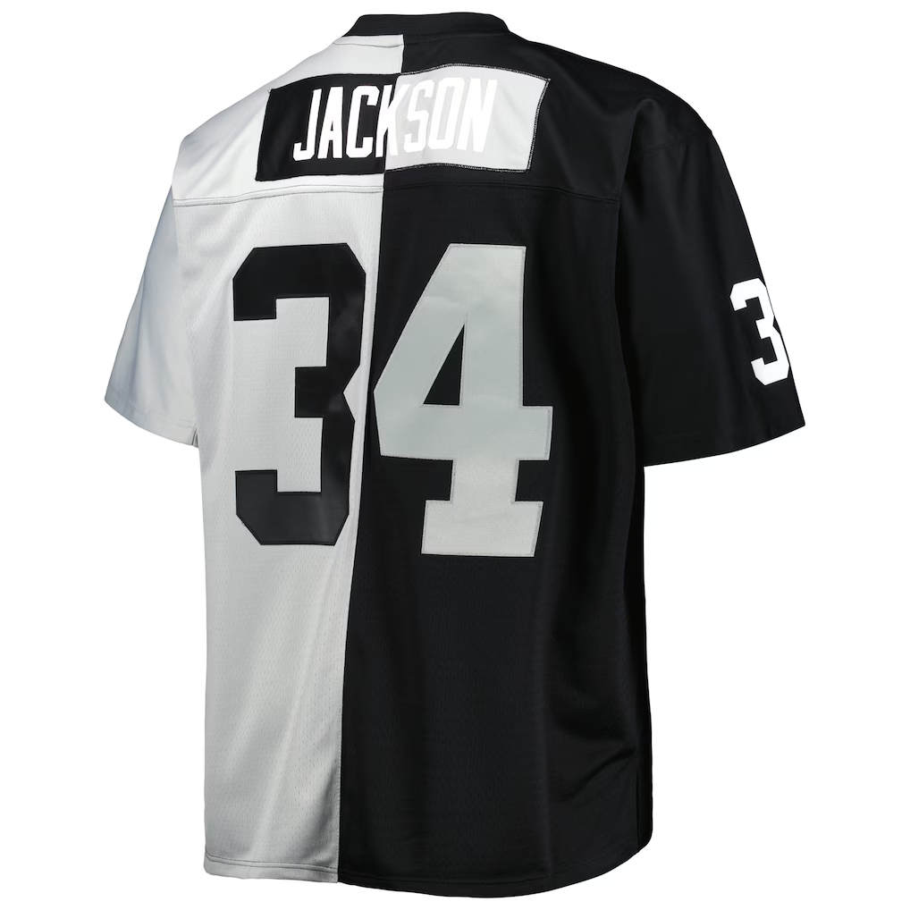 Kooe LV.Raiders #34 Bo Jackson Mitchell & Ness BlackSilver Big & Tall Split Legacy Retired Player Replica Jersey