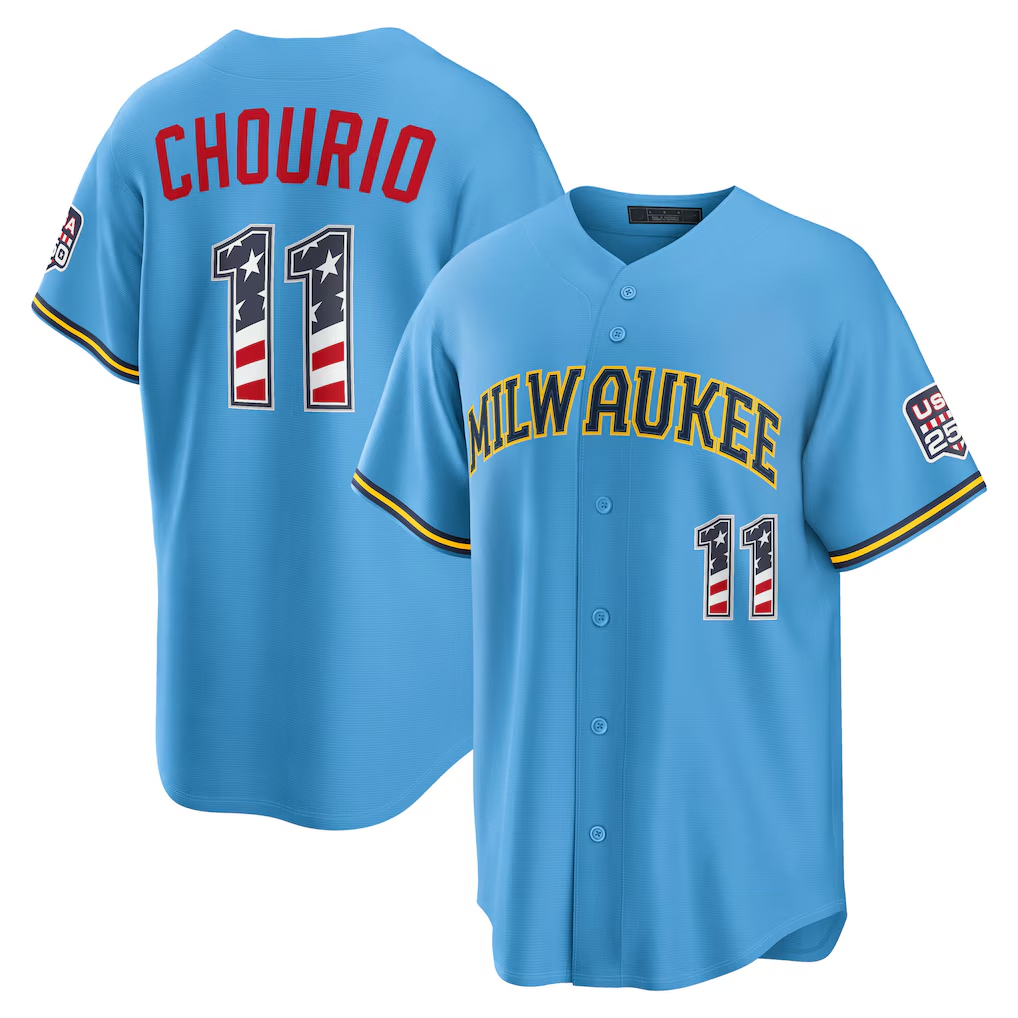 Kooe M.Brewers #11 Jackson Chourio Light Blue USA 250 Fourth of July Road Stadium Jersey