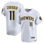 Kooe M.Brewers #11 Jackson Chourio Player White Stripes Home Limited Game Stitched Jerseys