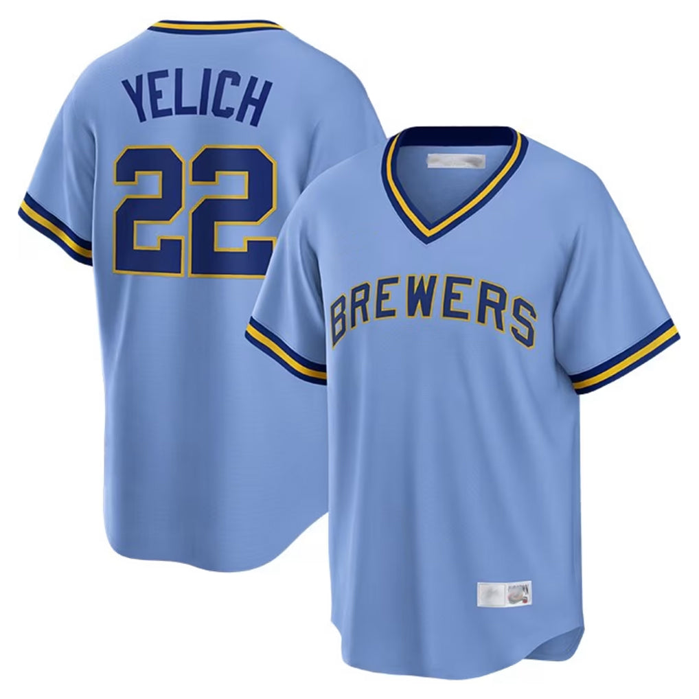 Kooe M.Brewers #22 Christian Yelich Player Light Blue Cooperstown Collection Game T-shirt Stitched Jerseys