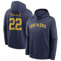 Kooe M.Brewers #22 Christian Yelich Player Navy Club Pullover Hoodie Game Stitched Jerseys
