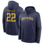 Kooe M.Brewers #22 Christian Yelich Player Navy Club Pullover Hoodie Game Stitched Jerseys
