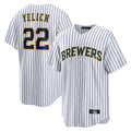 Kooe M.Brewers #22 Christian Yelich Player White Stripes Home Game Stitched Jerseys