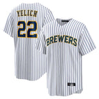 Kooe M.Brewers #22 Christian Yelich Player White Stripes Home Game Stitched Jerseys