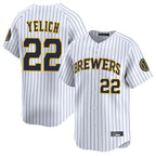 Kooe M.Brewers #22 Christian Yelich Player White Stripes Home Limited Game Stitched Jerseys
