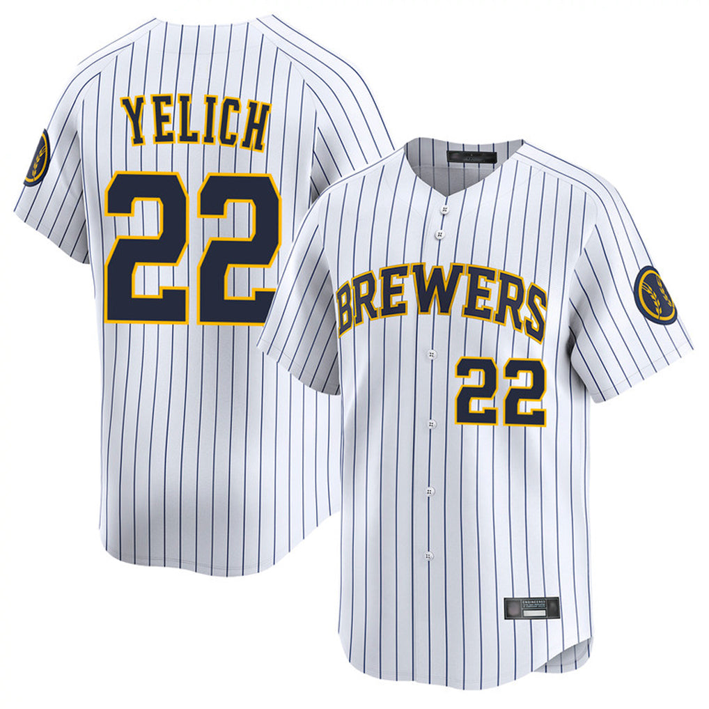 Kooe M.Brewers #22 Christian Yelich Player White Stripes Home Limited Game Stitched Jerseys