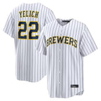Kooe M.Brewers #22 Christian Yelich Player White Stripes Home Limited Stitched Jerseys