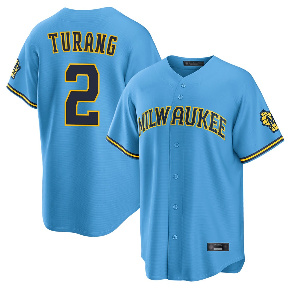 Kooe M.Brewers #2 Brice Turang Player Light Blue Road Stadium Game Stitched Jerseys