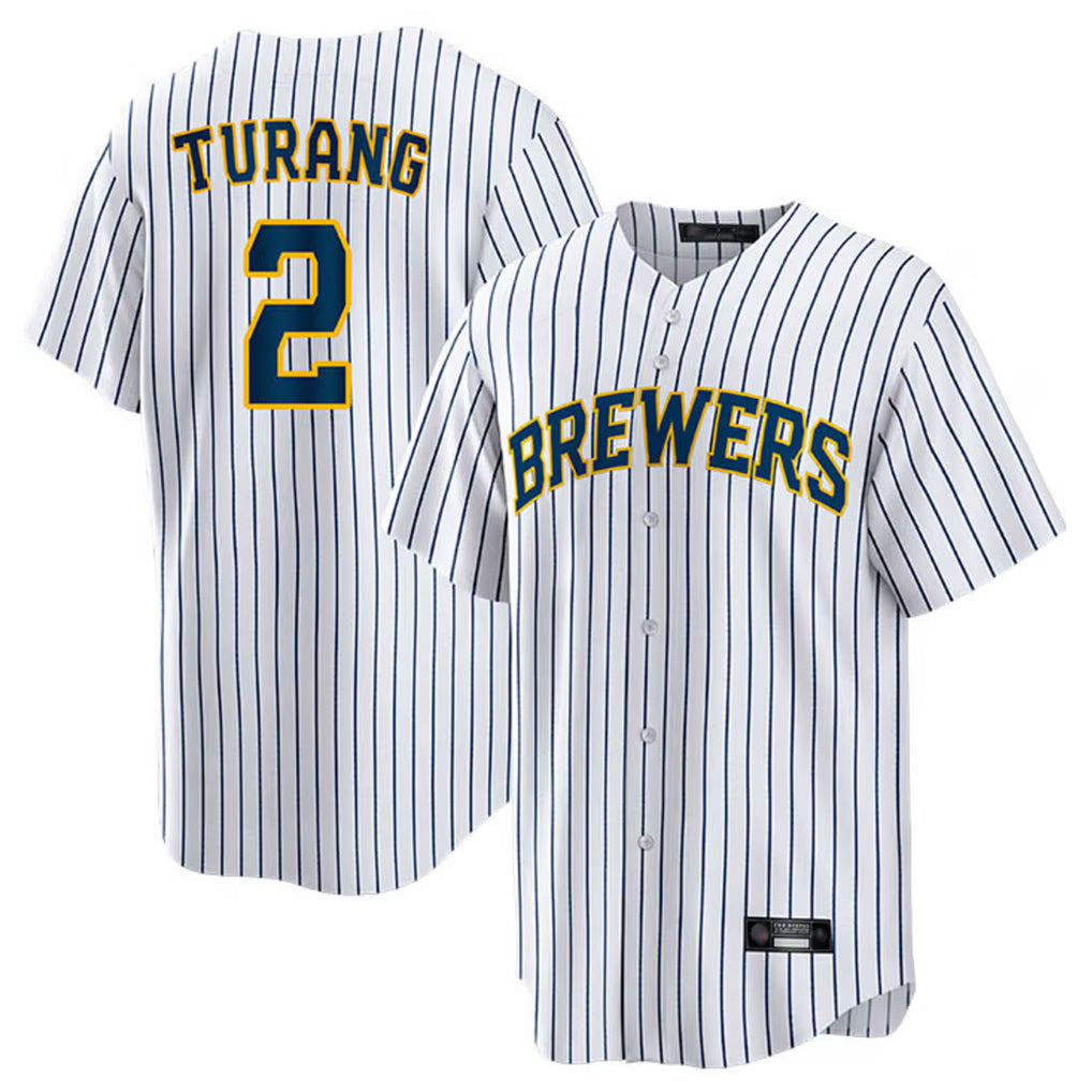 Kooe M.Brewers #2 Brice Turang Player White Stripes Home Game Stitched Jerseys