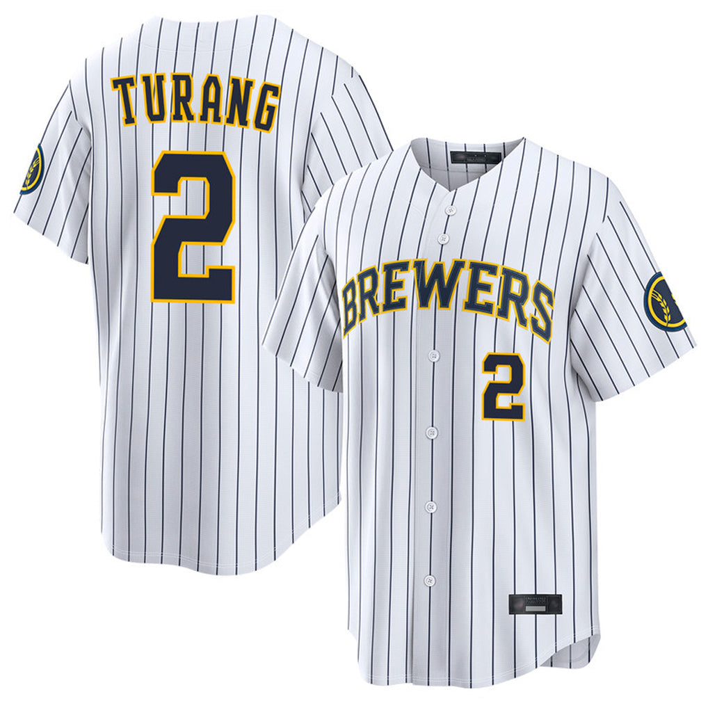 Kooe M.Brewers #2 Brice Turang Player White Stripes Home Limited Game Stitched Jerseys