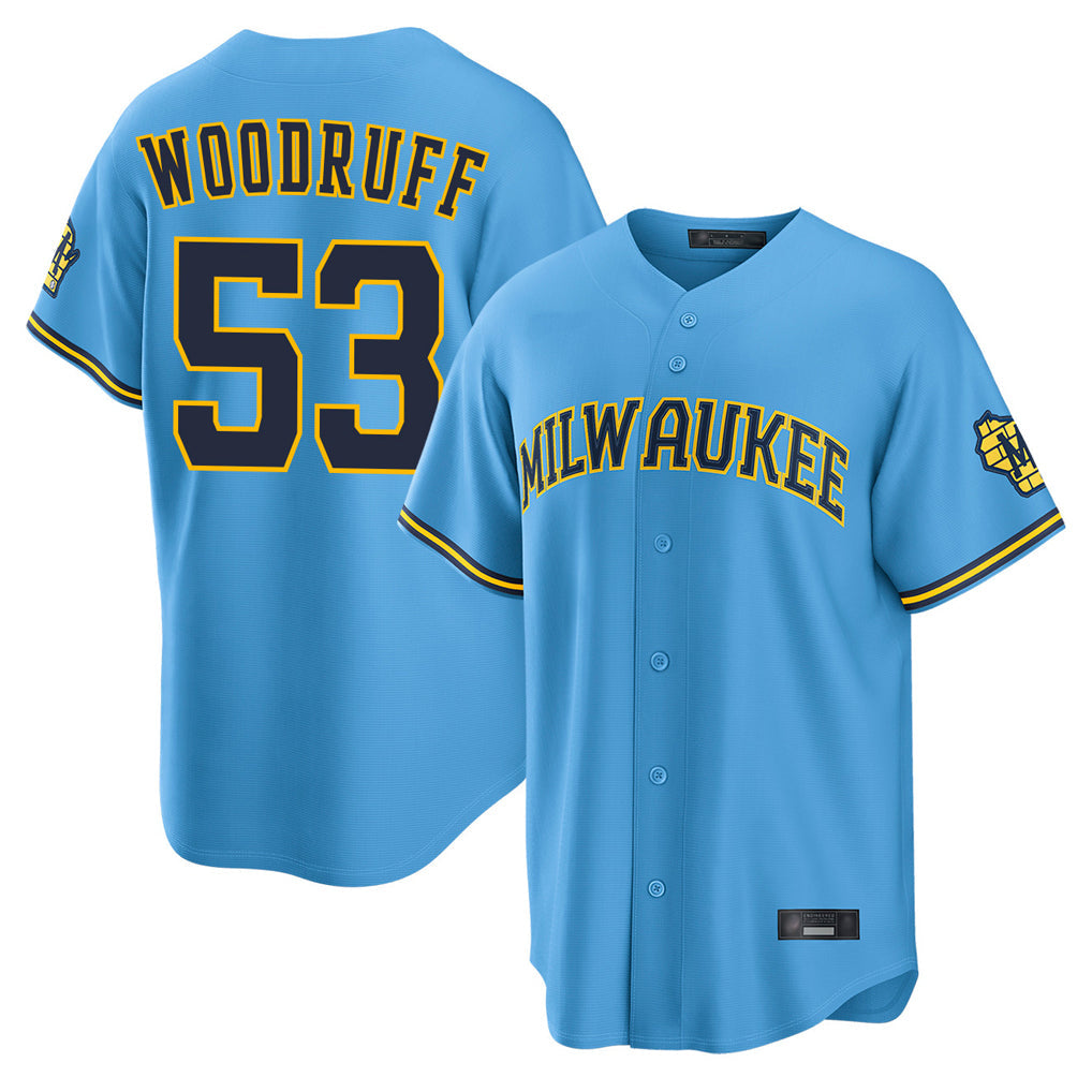 Kooe M.Brewers #53 Brandon Woodruff Player Light Blue Road Stadium Game Stitched Jerseys
