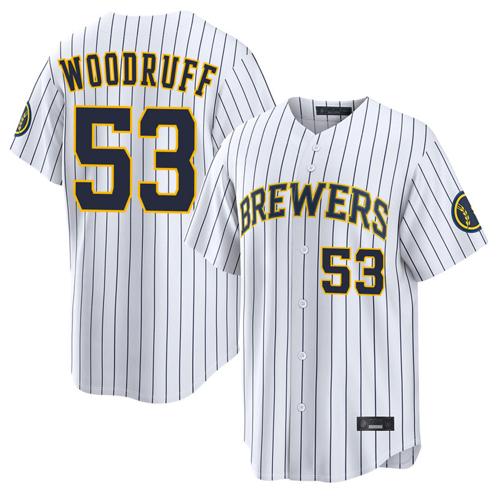 Kooe M.Brewers #53 Brandon Woodruff Player White Stripes Home Limited Game Stitched Jerseys