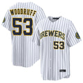 Kooe M.Brewers #53 Brandon Woodruff Player White Stripes Home Limited Game Stitched Jerseys