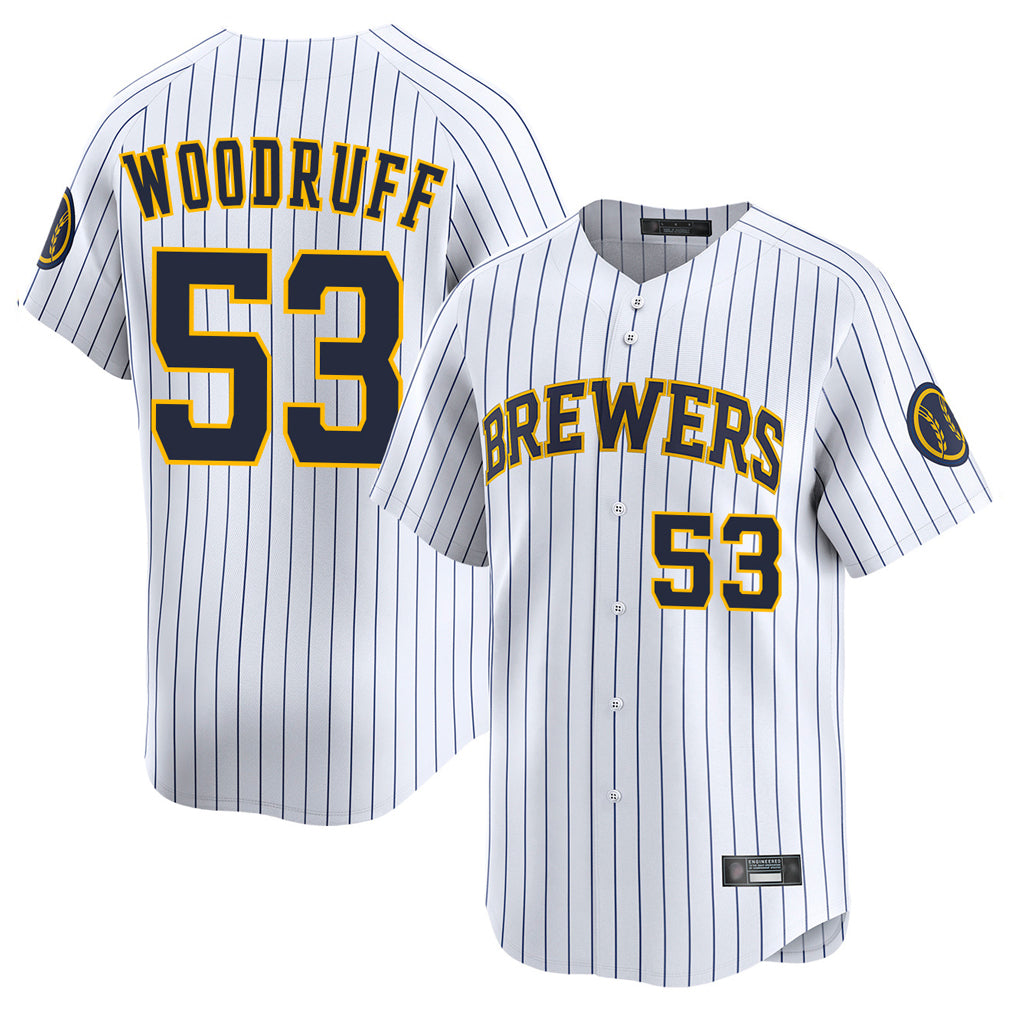 Kooe M.Brewers #53 Brandon Woodruff Player White Stripes Home Limited Stitched Jerseys