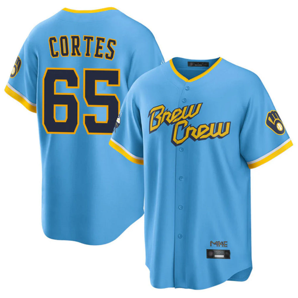Kooe M.Brewers #65 Nestor Cortes Player Light Blue City Connect Home Game Stitched Jerseys