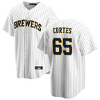 Kooe M.Brewers #65 Nestor Cortes Player White Stripes Home Game Stitched Jerseys