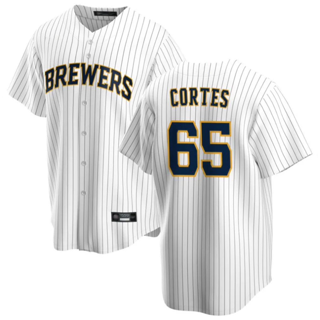 Kooe M.Brewers #65 Nestor Cortes Player White Stripes Home Game Stitched Jerseys