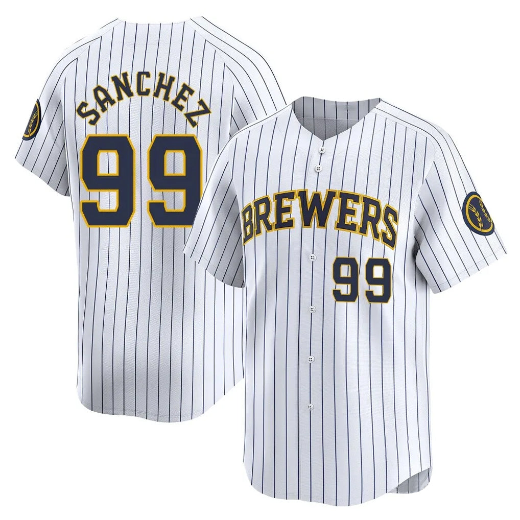Kooe M.Brewers #99 Gary Sanchez Player White Stripes Home Game Stitched Jerseys