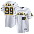 Kooe M.Brewers #99 Gary Sanchez Player White Stripes Home Limited Game Stitched Jerseys