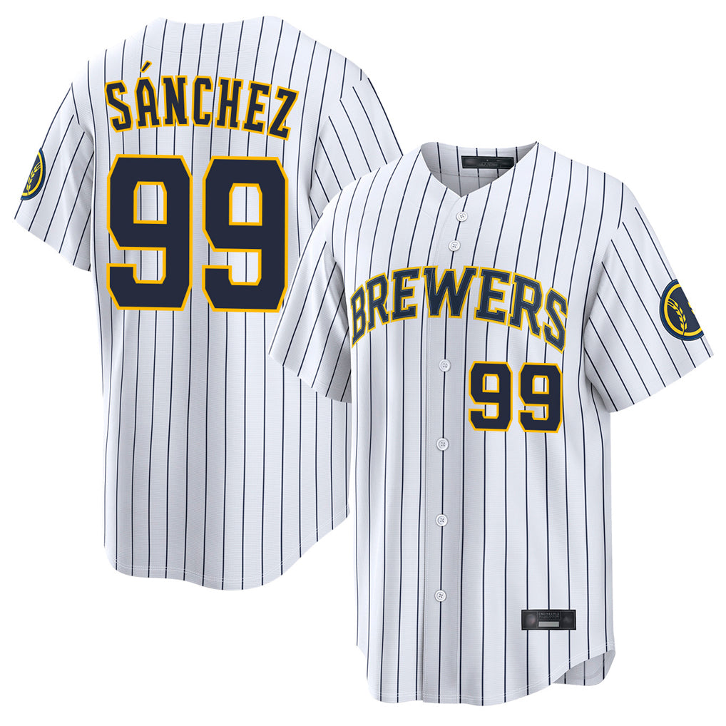 Kooe M.Brewers #99 Gary Sanchez Player White Stripes Home Limited Game Stitched Jerseys