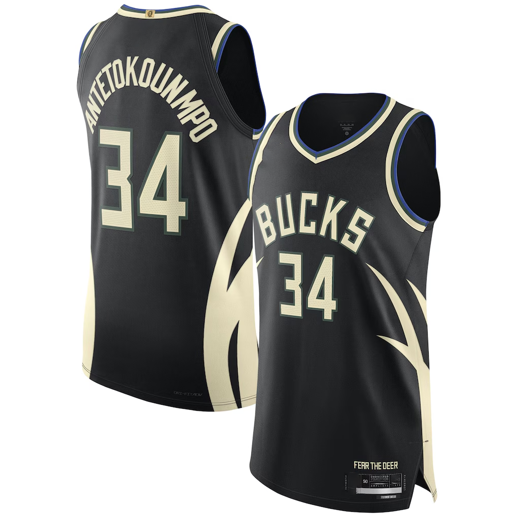 Kooe M.Bucks #34 Giannis Antetokounmpo Black Authentic Player Jerseys - Statement Edition