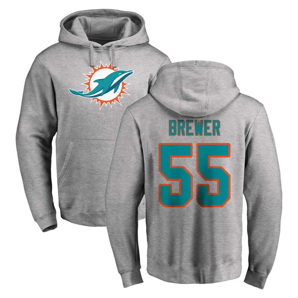 Kooe M.Dolphins #55 Aaron Brewer Player Gray LOGO Pullover Hoodies Limited Stitched Jerseys