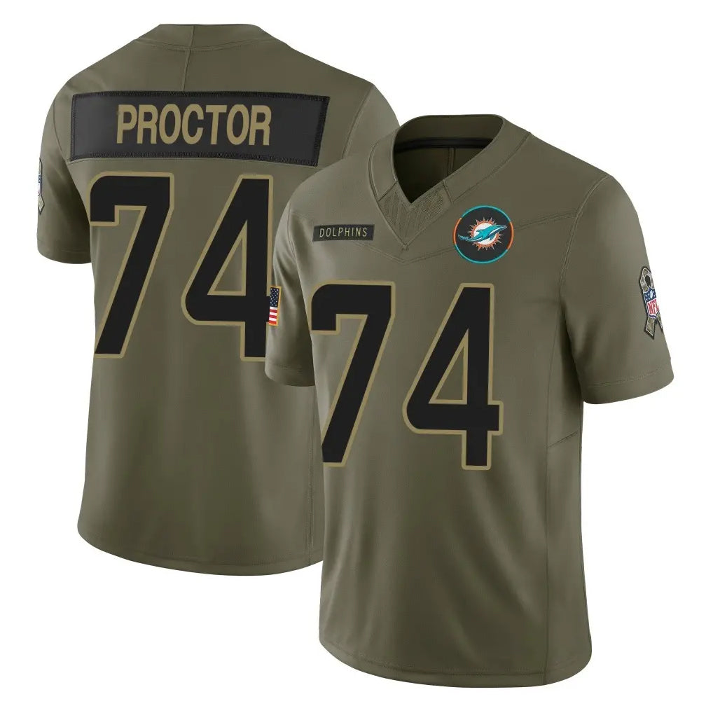 Kooe M.Dolphins #74 Kadyn Proctor Player Olive 2025 Salute To Service Limited Game Stitched Jerseys