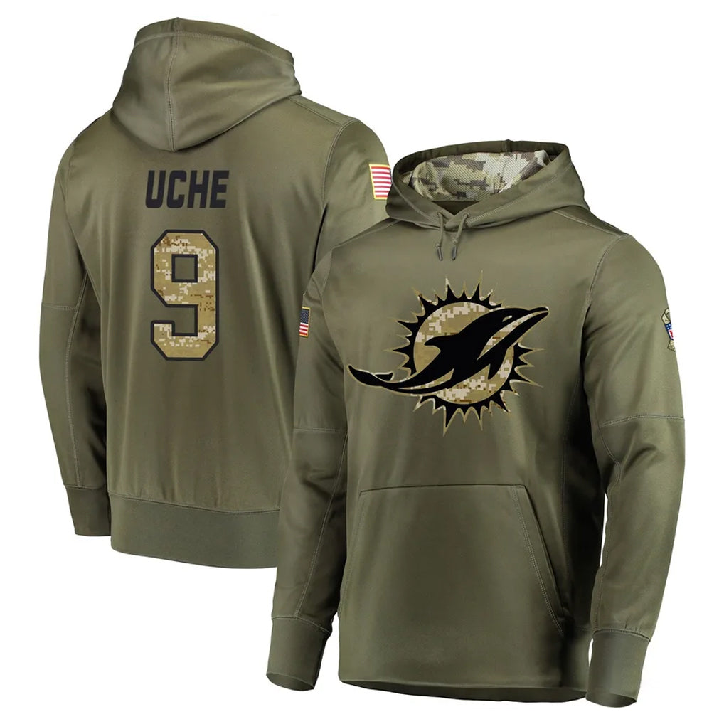 Kooe M.Dolphins #9 Joshua Uche Player Olive Salute to Service Pullover Hoodies Home Game Stitched Jerseys