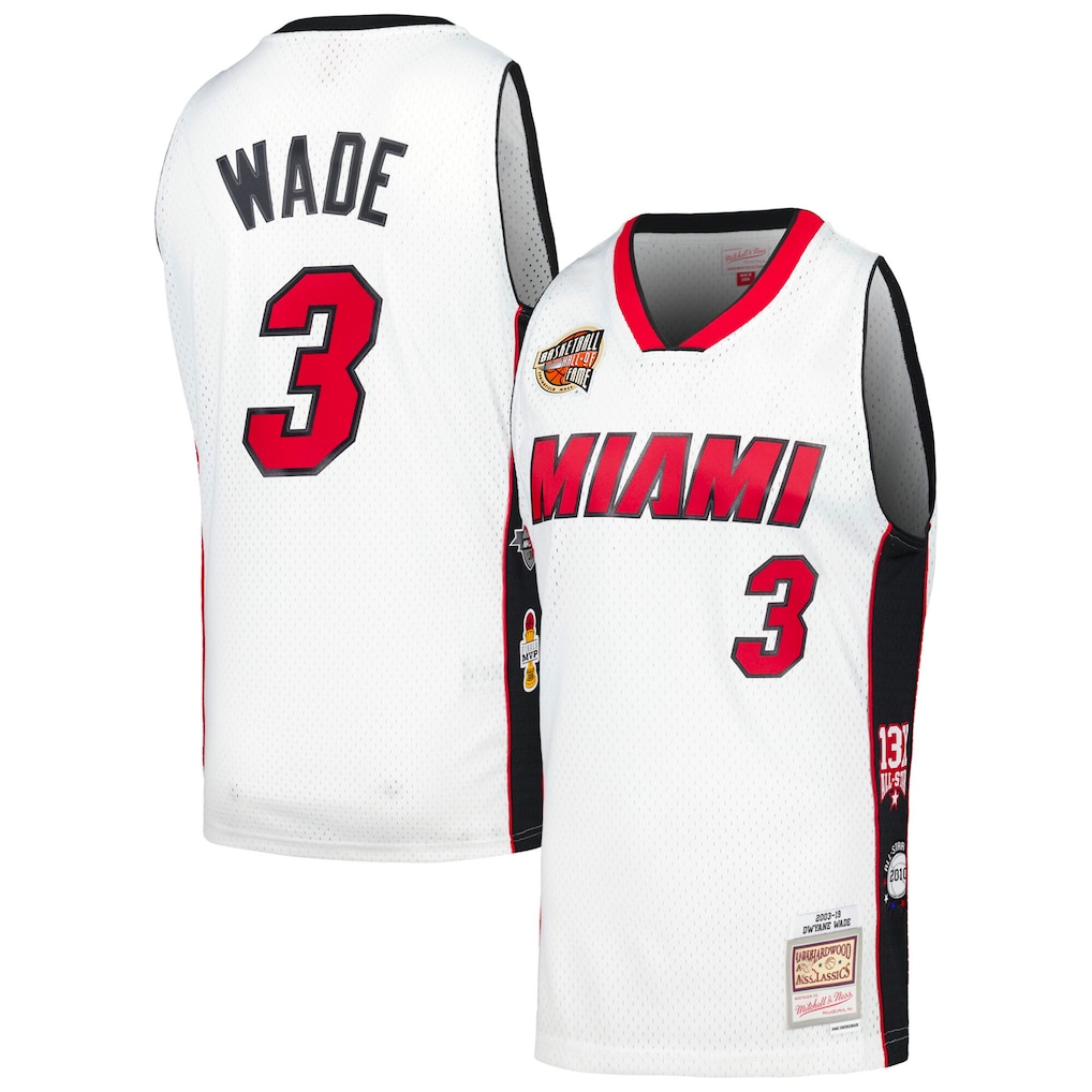 Kooe M.Heat #3 Dwyane Wade Mitchell & Ness White Hall of Fame Class of 2023 Throwback Swingman Jerseys