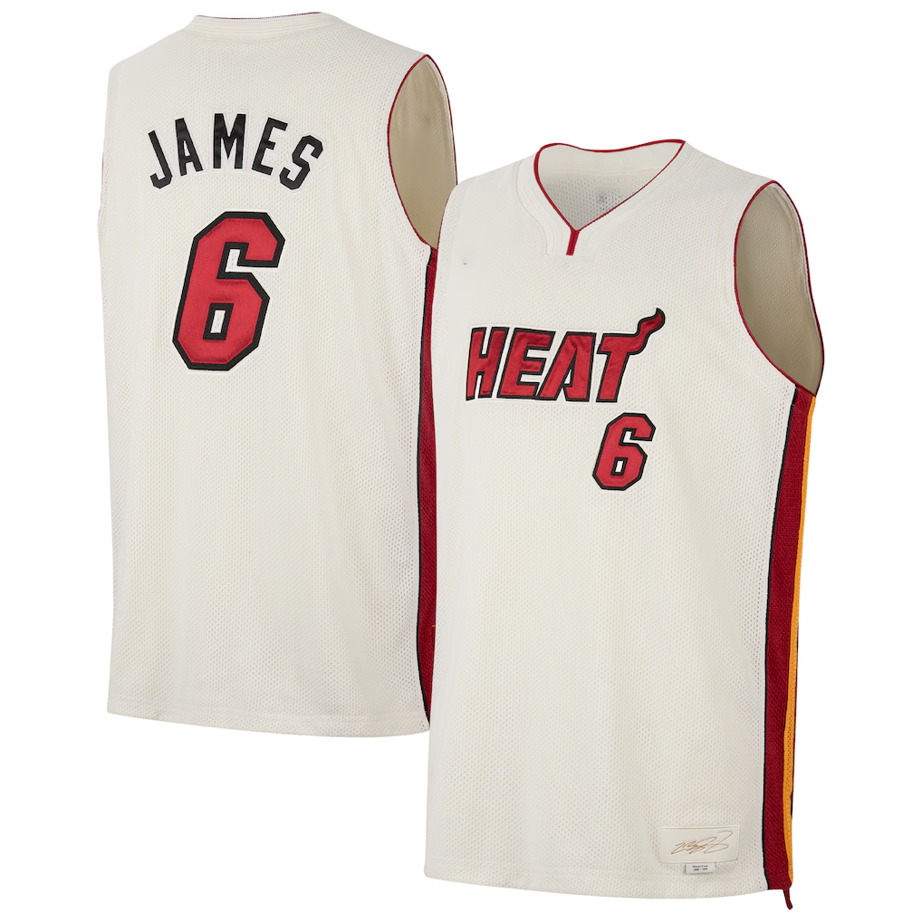 Kooe M.Heat #6 LeBron James Cream Forever King Reserve Authentic Jerseys