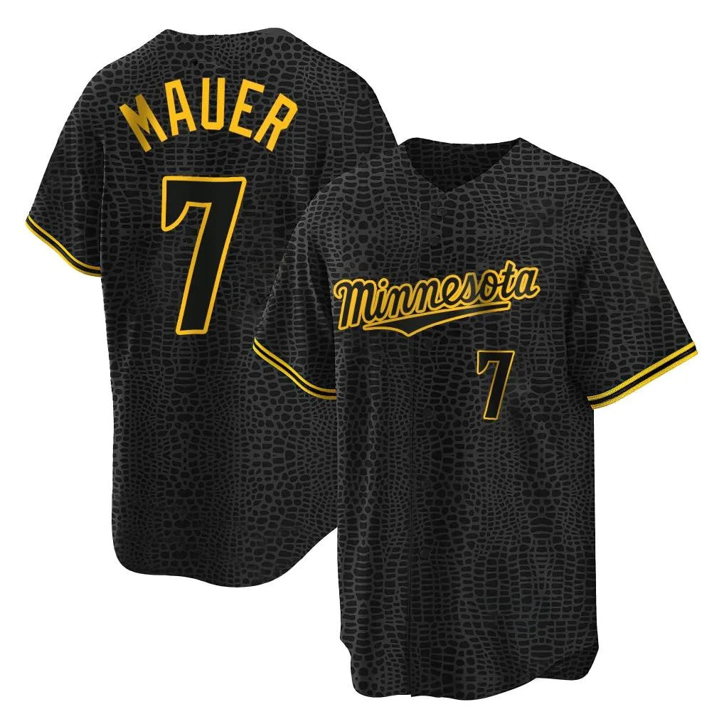 Kooe M.Twins #7 Joe Mauer Player Black Snake Skin City Home Game Stitched Jerseys