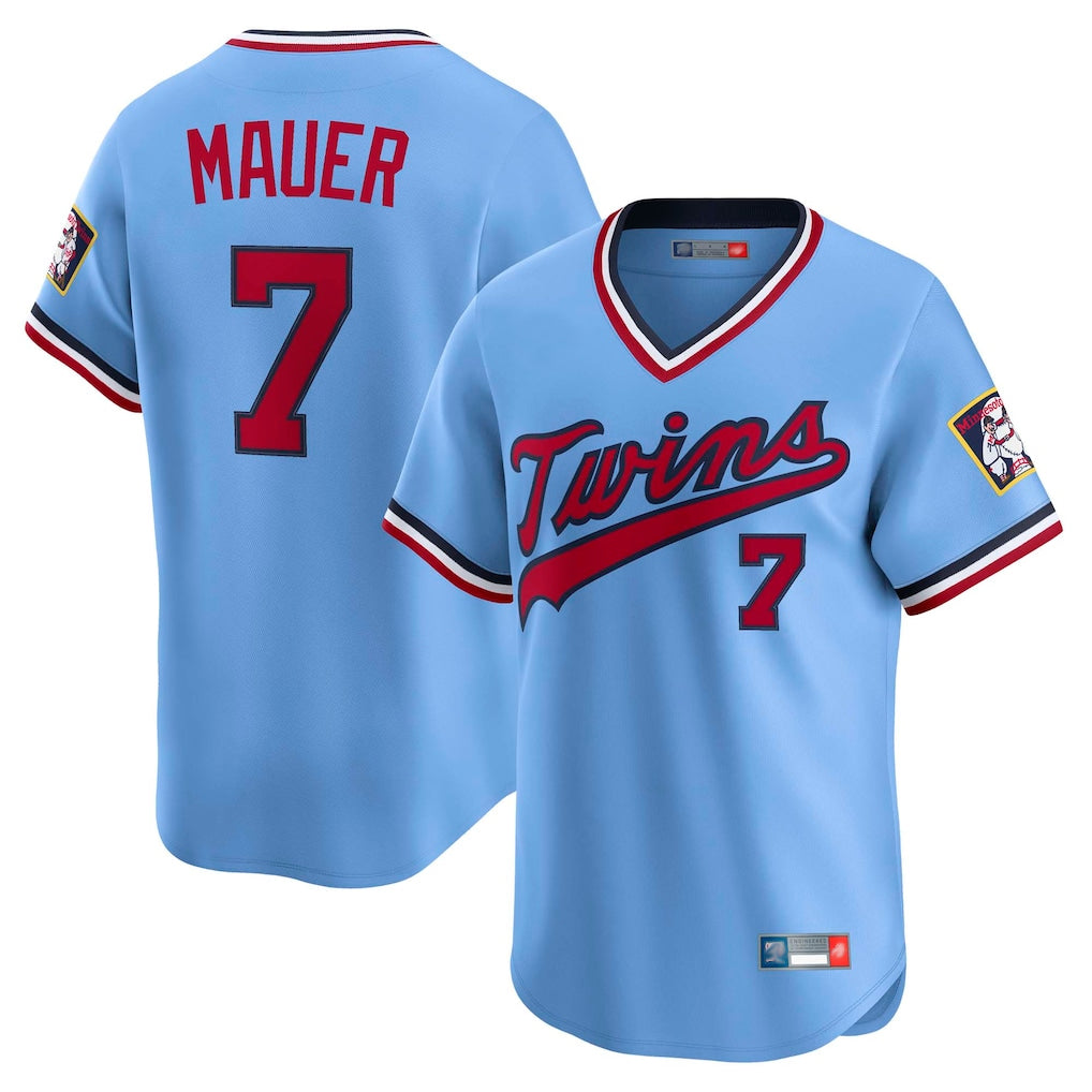 Kooe M.Twins #7 Joe Mauer Player Light Blue Throwback Cooperstown Collection Limited T-shirt Stitched Jerseys