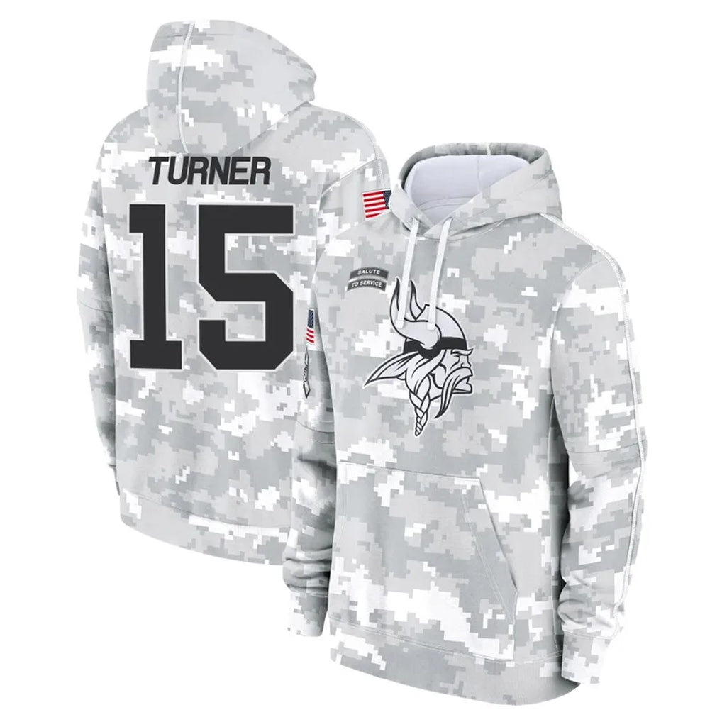 Kooe MN.Vikings #15 Dallas Turner Player Arctic Camo Salute to Service Pullover Hoodies Limited Game Stitched Jerseys
