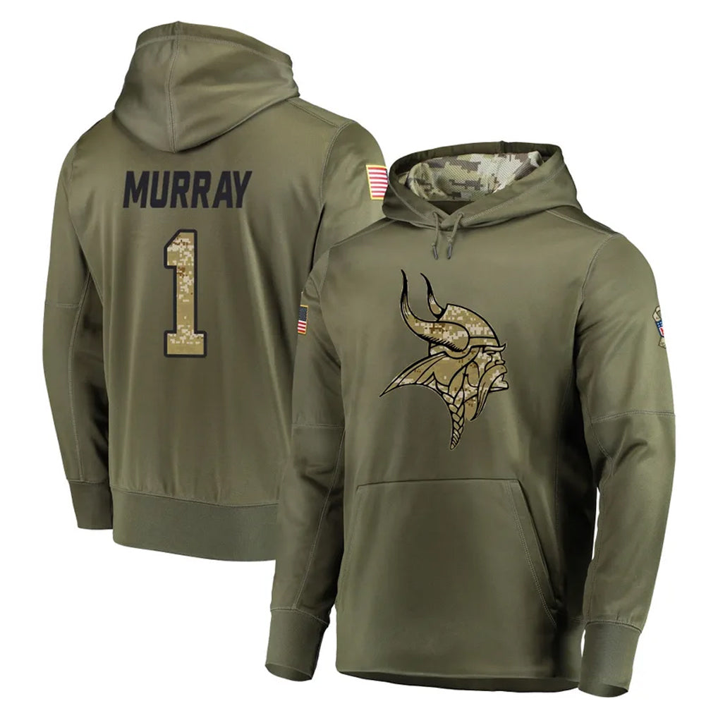 Kooe MN.Vikings #1 Kyler Murray Player Olive Salute to Service Pullover Hoodies Home Game Stitched Jerseys