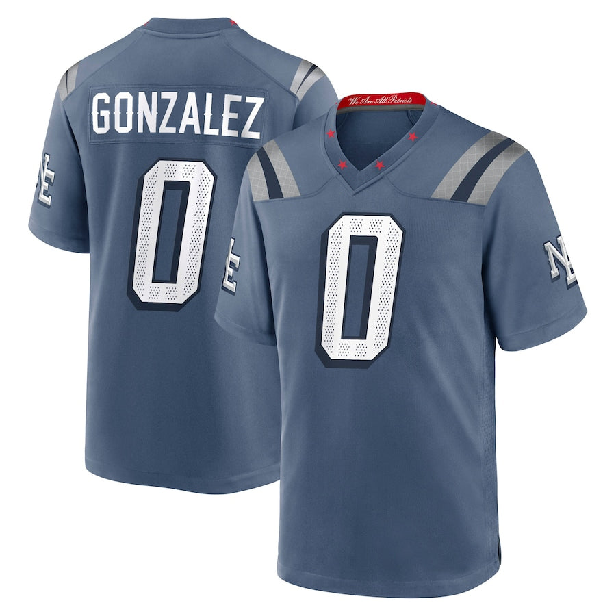 Kooe NE.Patriots #0 Christian Gonzalez Player Storm Blue Rivalries Collection Game Stitched Jerseys