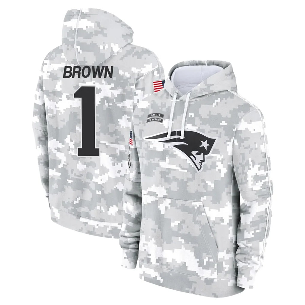 Kooe NE.Patriots #1 A.J. Brown Player Arctic Camo Salute to Service Pullover Hoodies Limited Game Stitched Jerseys