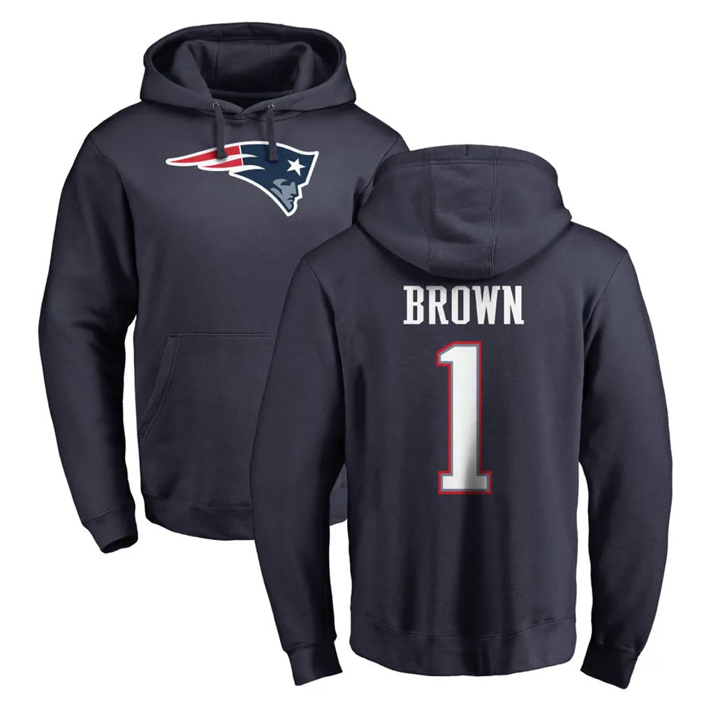 Kooe NE.Patriots #1 A.J. Brown Player Navy LOGO Pullover Hoodies Home Game Stitched Jerseys