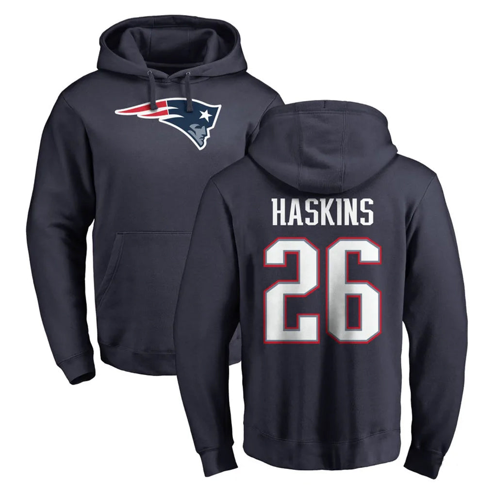 Kooe NE.Patriots #26 Hassan Haskins Player Navy LOGO Pullover Hoodies Home Game Stitched Jerseys