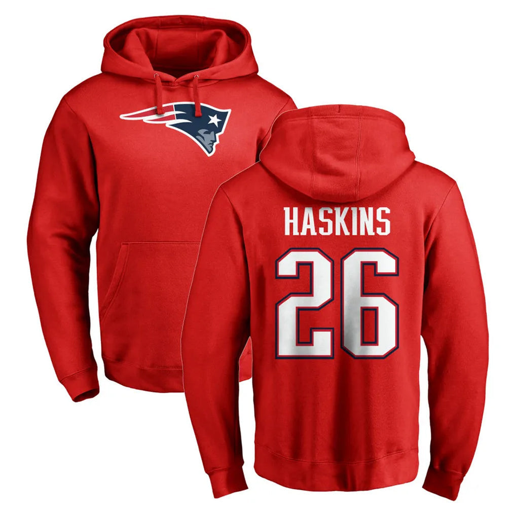 Kooe NE.Patriots #26 Hassan Haskins Player Red LOGO Pullover Hoodies Home Game Stitched Jerseys